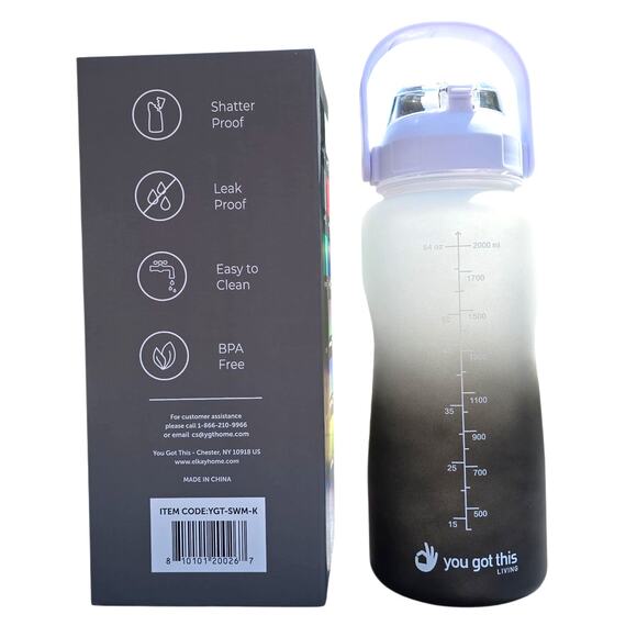 64oz Motivational Water Bottle w/ Time Marker Gym Sports Hydration BPA-Free YGT - Picture 2 of 13